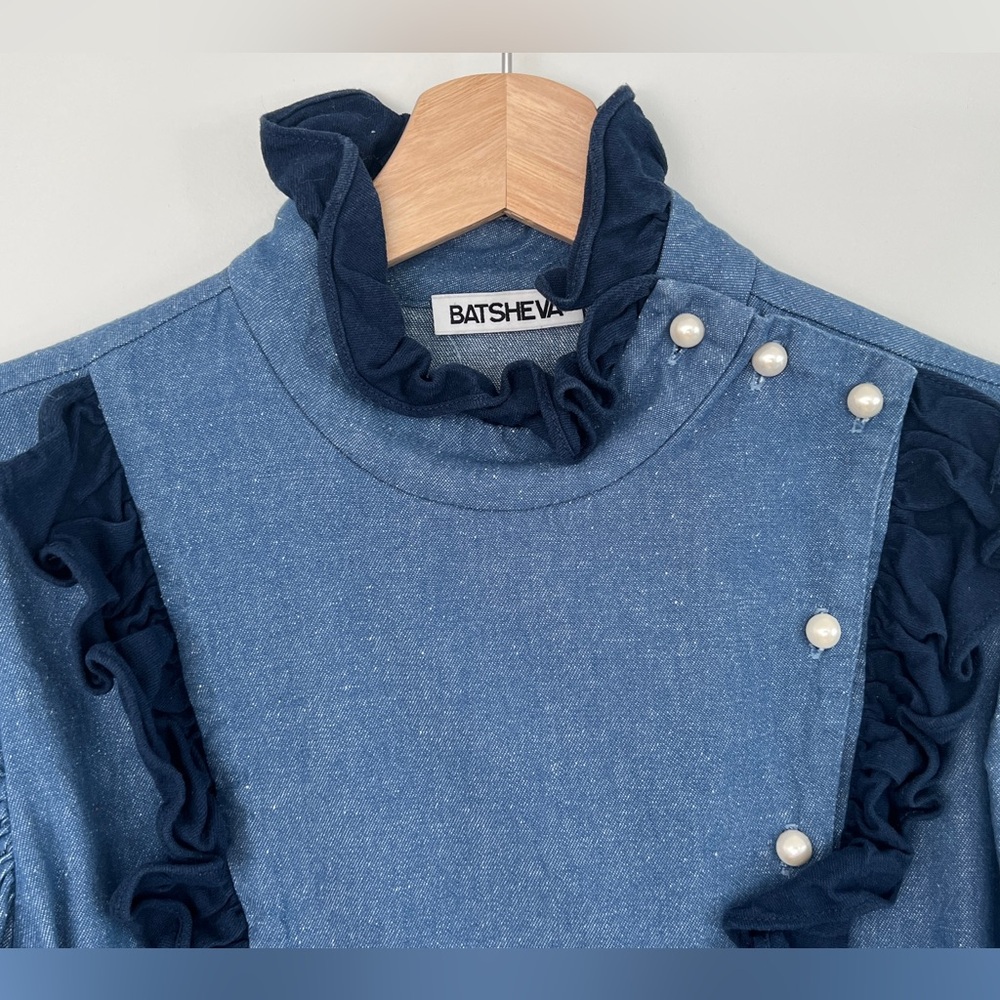 Batsheva Denim Chambray Blouse with Ruffle Trim